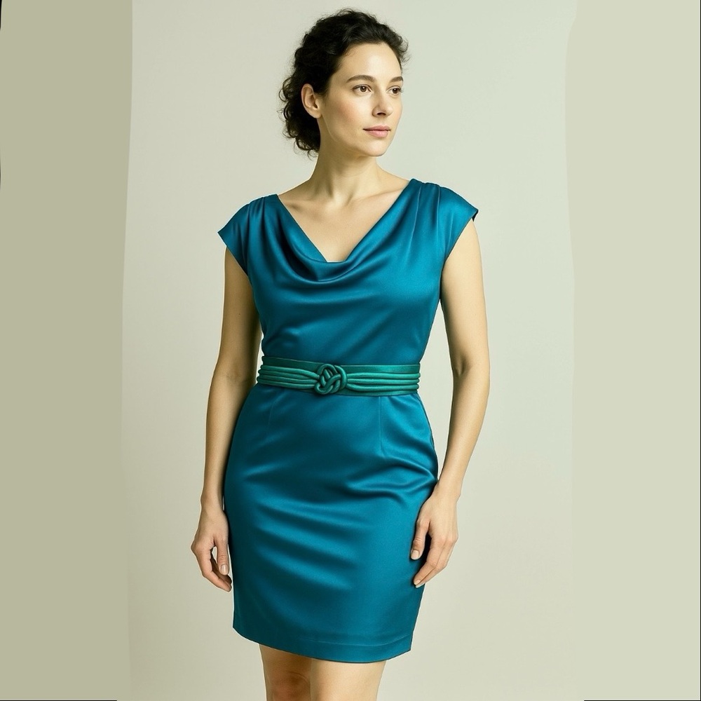 80s Belle by Oasis Stretchy Silk Mini Dress, turquoise emerald US 8